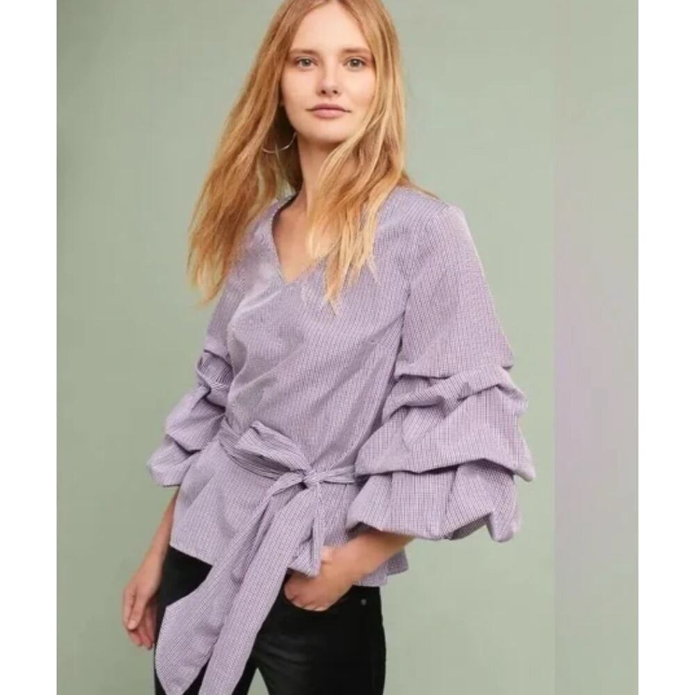 Sunday in Brooklyn By Anthropologie Purple Gingham Blouse  Plaid Puff Sleeve S